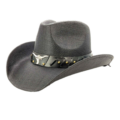 Black Straw Cowboy Hat with Long Horn Concho - Milani Hats Cowboy Hat Milani Hats ST-090 Black M/L 