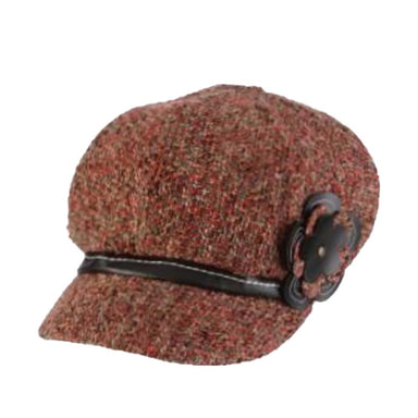 Boucle Newsboy Cap with Leatherette Flower - DPC Hats Cap Dorfman Hat Co. LW729-RED Red OS 