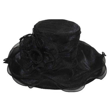 Ruffle Iridescent Organza Hat with Lily Flowers Dress Hat Jeanne Simmons JS6435BK Black  