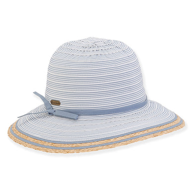 Striped Ribbon Sun Hat with Raffia Trim - Sun 'n' Sand Hats Wide Brim Hat Sun N Sand Hats HH2745B Blue OS (57 cm) 