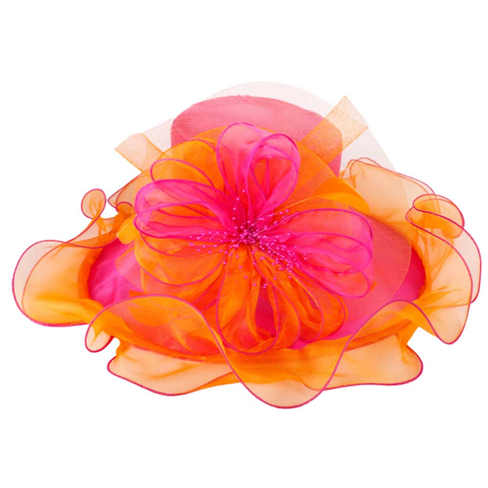 Two Tone Ruffle Edge Flower and Beads Center Derby Hat - Something Special Hats Dress Hat Something Special LA HTO2597FO Fuchsia/Orange