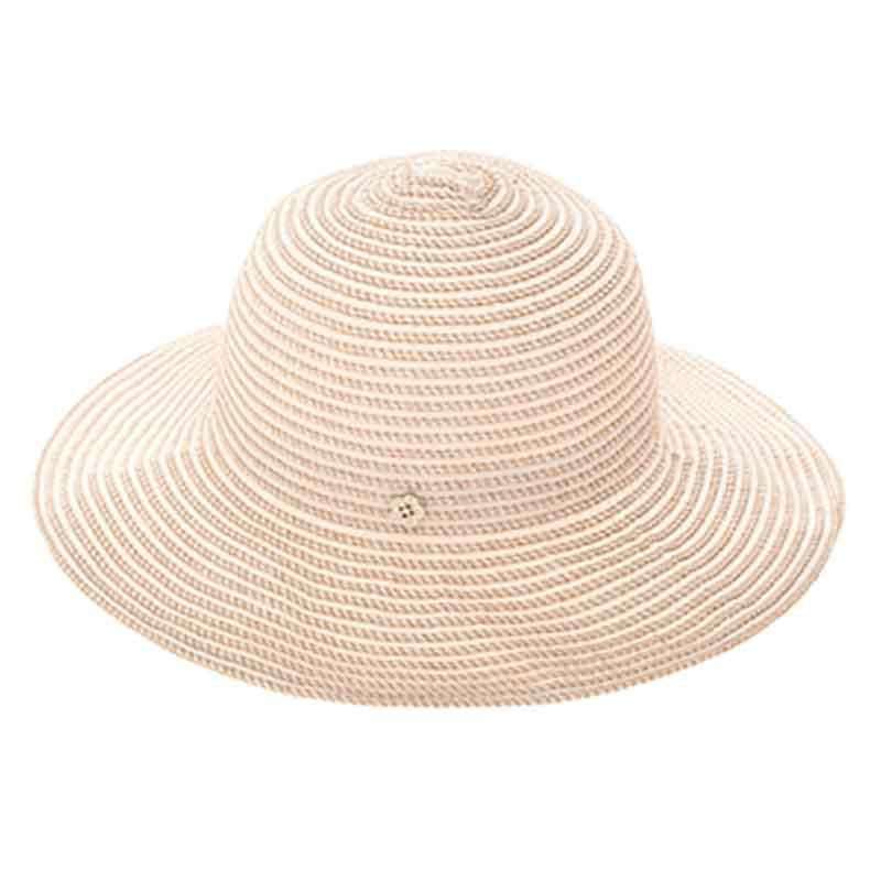 Ribbon Sun Hat with Flower Button - Boardwalk Style Wide Brim Hat Boardwalk Style Hats da773bg Beige Medium (57 cm) 