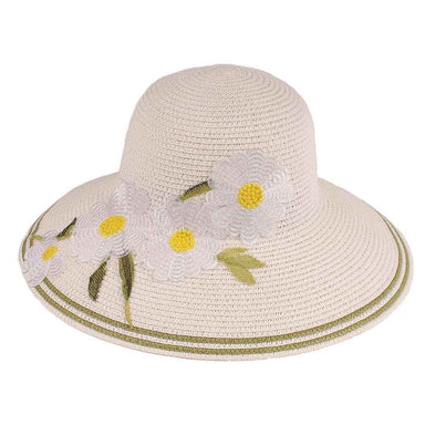 Big Brim Summer Hat with Embroidered Flower Accent - Jeanne Simmons Wide Brim Hat Jeanne Simmons JS8340WH White Medium (57 cm) 