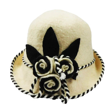Bucket Style Boiled Wool Hat with Large Flower Accent - JSA Cloche Jeanne Simmons js7484cr Cream  