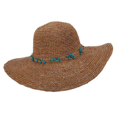 Crocheted Raffia Sun Hat with Turquoise Beads - Callanan Handmade Wide Brim Sun Hat Callanan Hats cr313te Tea  