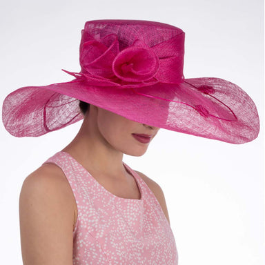 Calla Lily Adorned Fuchsia Wide Brim Sinamay Derby Hat - KaKyCO Dress Hat KaKyCO 11713895 Fuchsia M/L (58 cm) 