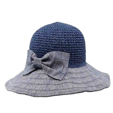 Crochet Crown Sewn Ribbon Brim Ladies Hat - Bohemian Fashion Cloche Bohemian Fashion LH6385bl Blue  