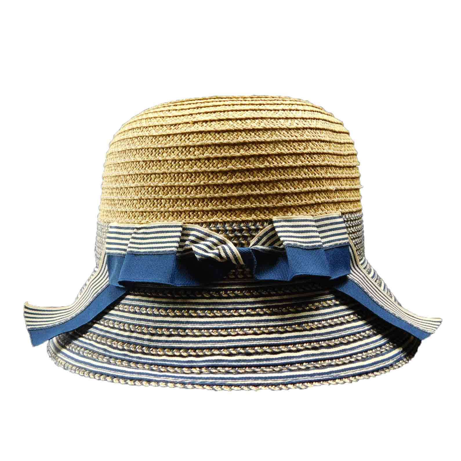 Straw Cloche with Metallic Ribbon Brim Cloche Boardwalk Style Hats    