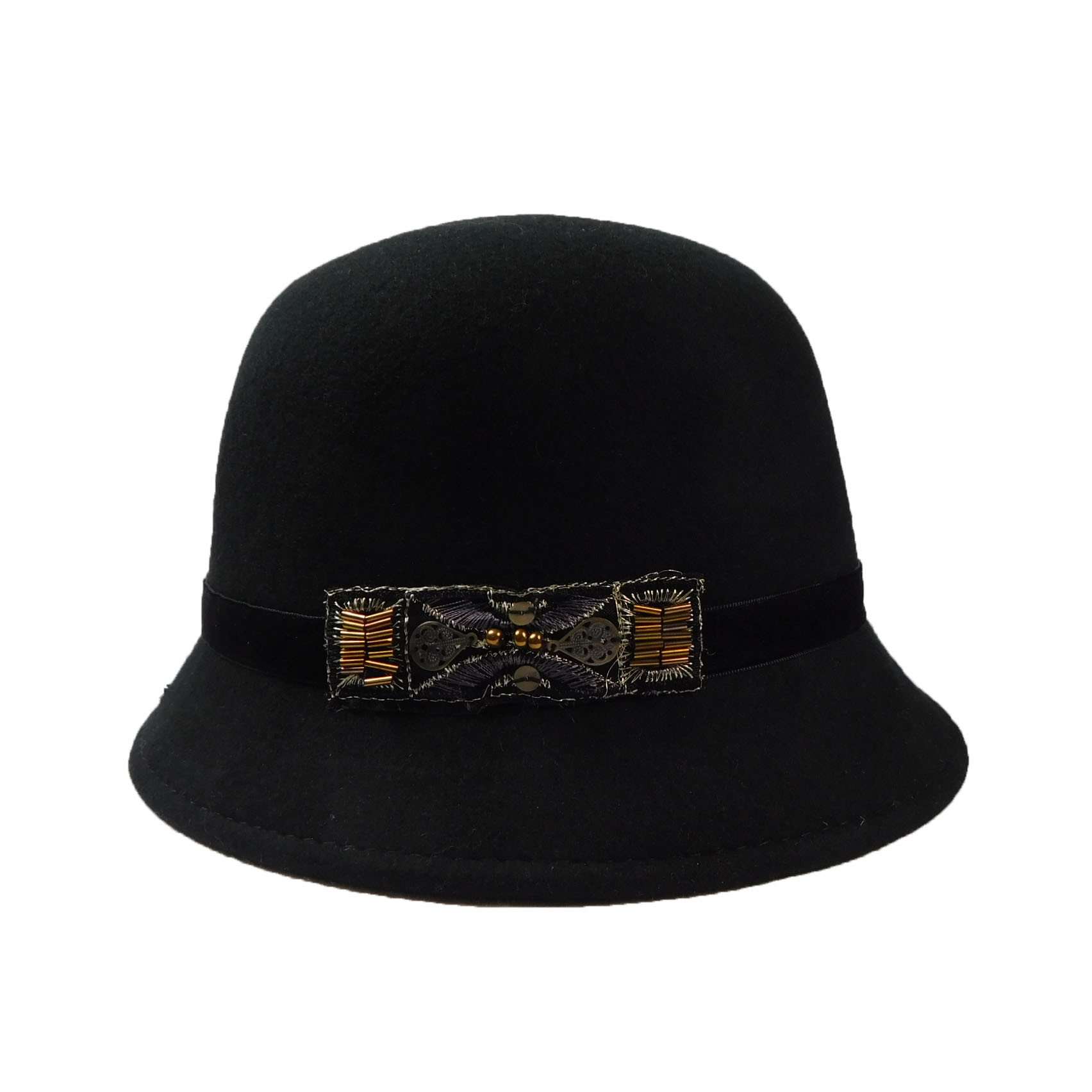 Wool Felt Cloche with Velvet Beaded Applique - Scala Collezione Cloche Scala Hats WWWF151BK Black Medium (57 cm) 