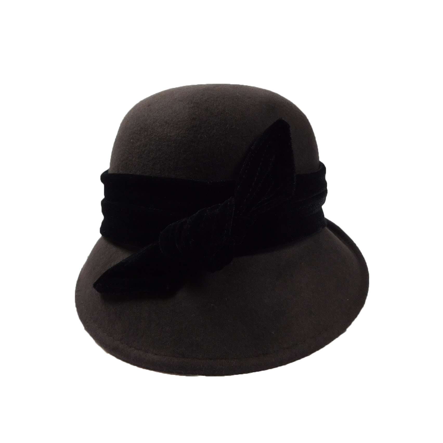 Curled Brim Slanted Cloche Wool Hat with Velvet Bow - Scala Hats Cloche Scala Hats lf170ch Chocolate  