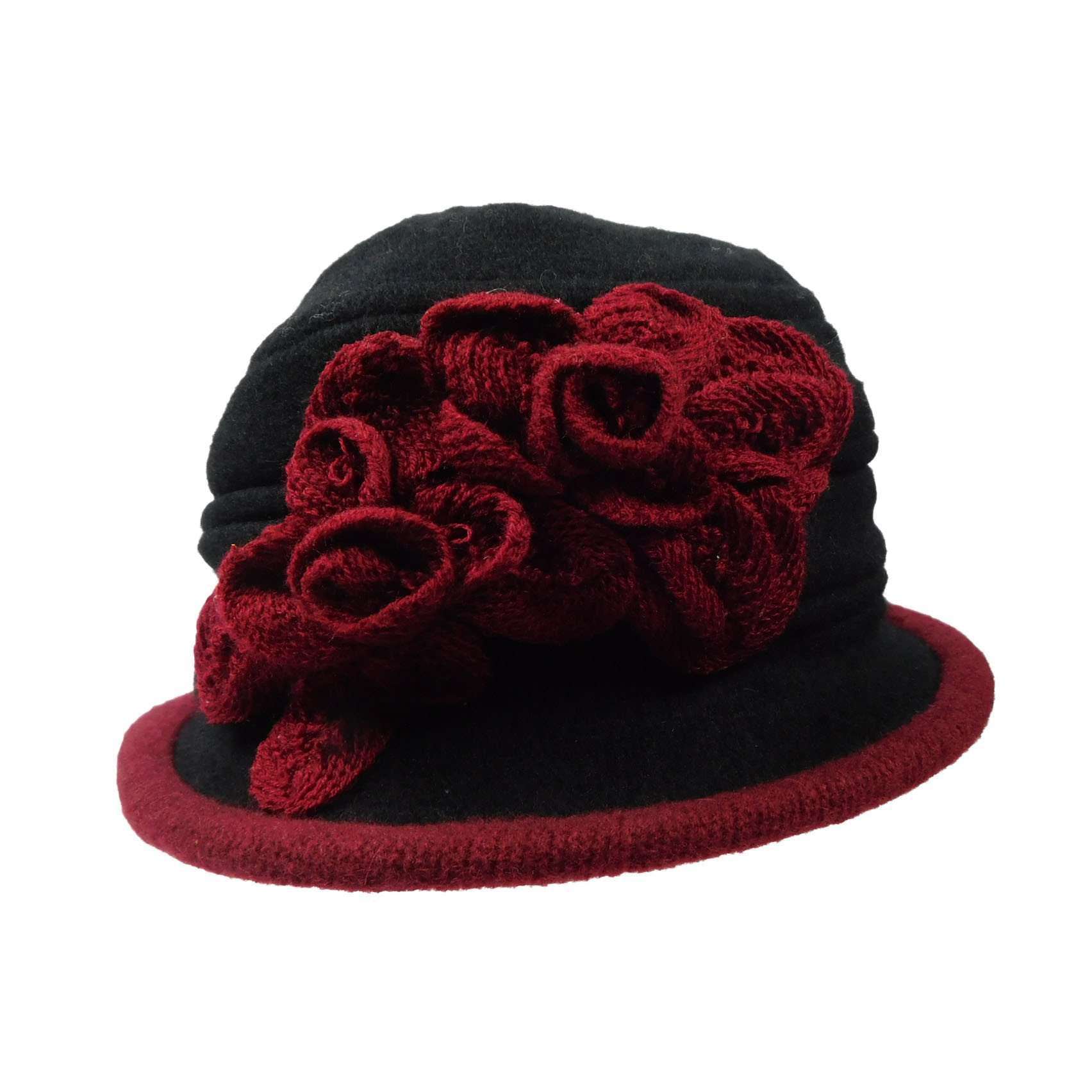 Wool Bucket Hat with Crochet Flower Beanie Jeanne Simmons js7140bk Black  
