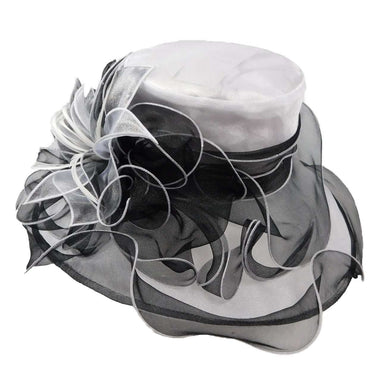 White and Black Organza Hat with Two Tone Floral Accent Dress Hat Jeanne Simmons    
