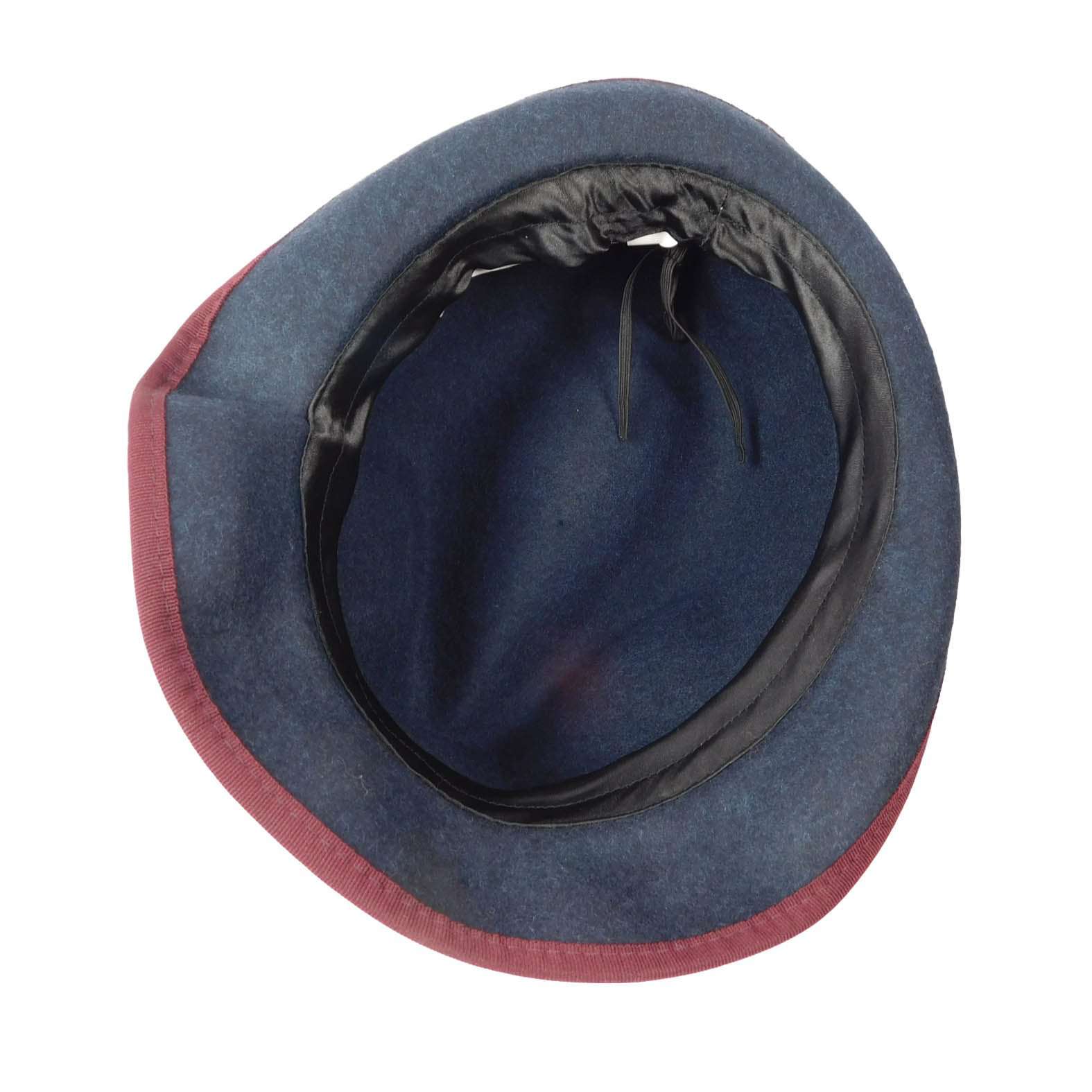Bent Brim Navy Fedora Hat with Burgundy Ribbon Band - JSA Wool Hats Fedora Hat Jeanne Simmons    