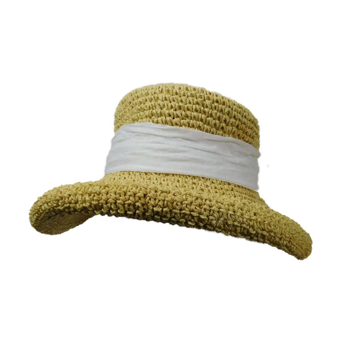 Rolled Brim Toyo Straw Hat with Gauze Tie - Scala Pronto Kettle Brim Hat Scala Hats    