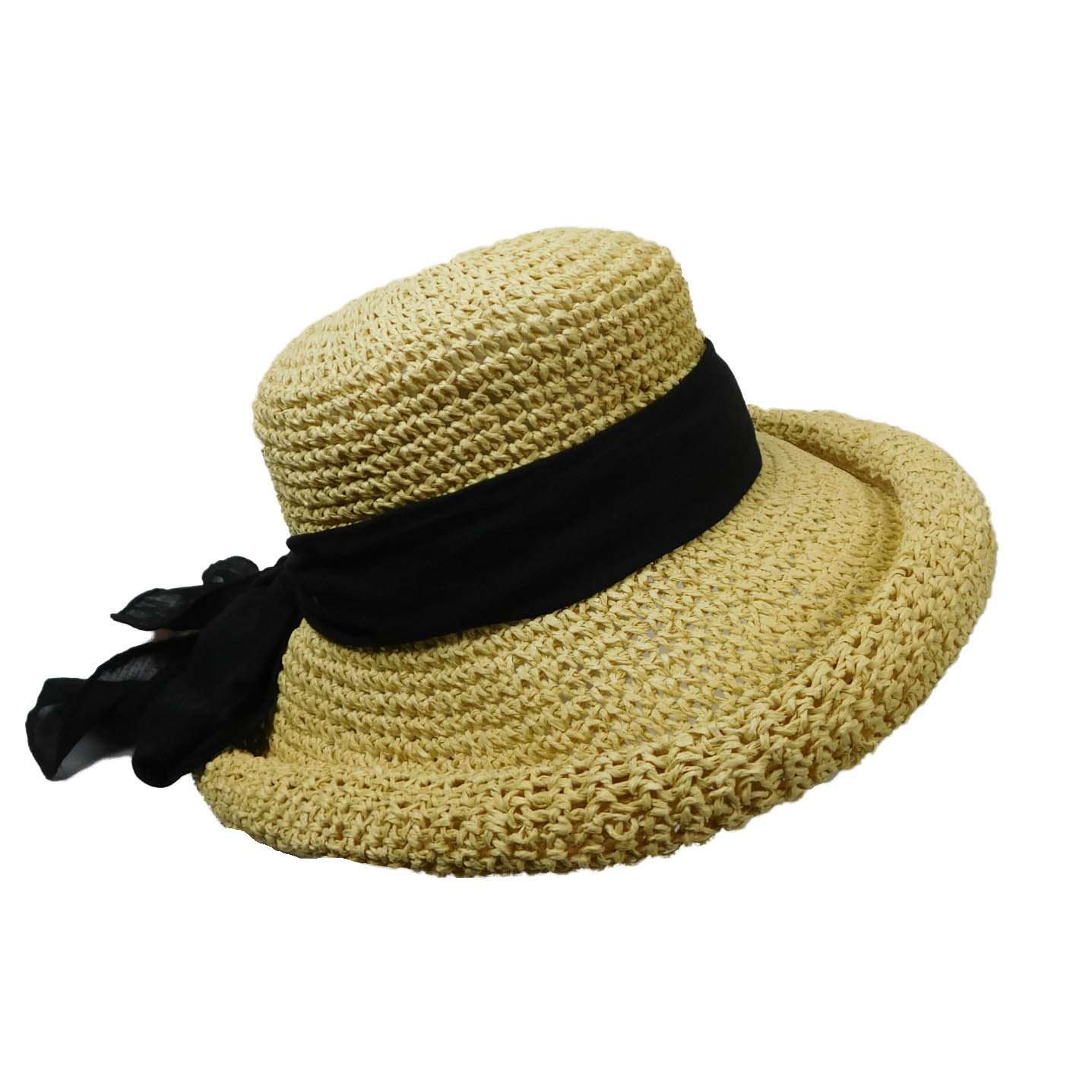 Rolled Brim Toyo Straw Hat with Gauze Tie - Scala Pronto Kettle Brim Hat Scala Hats lt94BK Black  