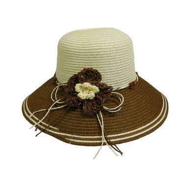 Two Tone Summer Hat with Crochet Flower Wide Brim Hat Jeanne Simmons WSPS671CR Cream / Brown  