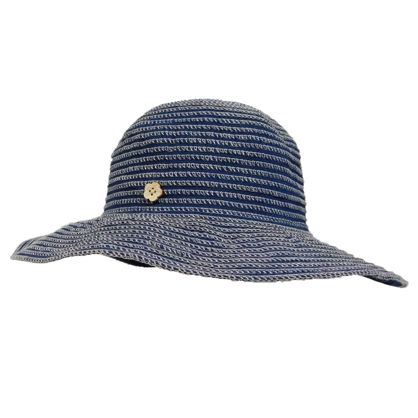 Ribbon Sun Hat with Flower Button - Boardwalk Style Wide Brim Hat Boardwalk Style Hats da773NV Navy Medium (57 cm) 