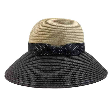 Black Polka Dot Ribbon Bow Big Brim Sun Hat - Jones New York Wide Brim Hat MAGID Hats JNY160BK Black  