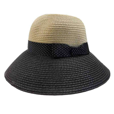 Black Polka Dot Ribbon Bow Big Brim Sun Hat - Jones New York Wide Brim Hat MAGID Hats    