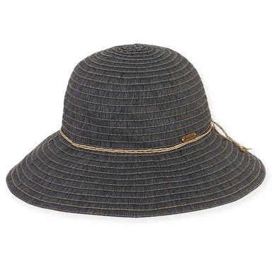 Denim Ribbon Wide Brim Sun Hat with Straw String Bow - Sun 'n' Sand Hats Wide Brim Hat Sun N Sand Hats HH1808B Black Medium (57 cm) 