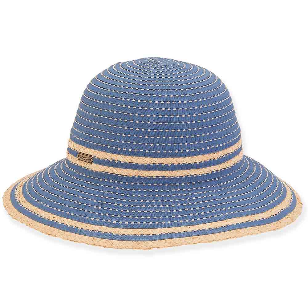 Embroidered Ribbon Cloche with Raffia Trim - Sun 'N' Sand Hats Cloche Sun N Sand Hats HH2719C Blue Medium (57 cm) 