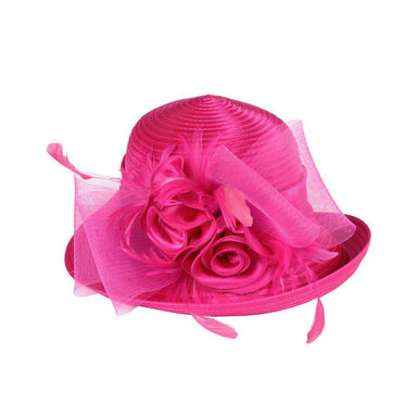 Satin Braid Dress Hat with Rose and Feathers Dress Hat Something Special LA WShtb1293FC Fuchsia  