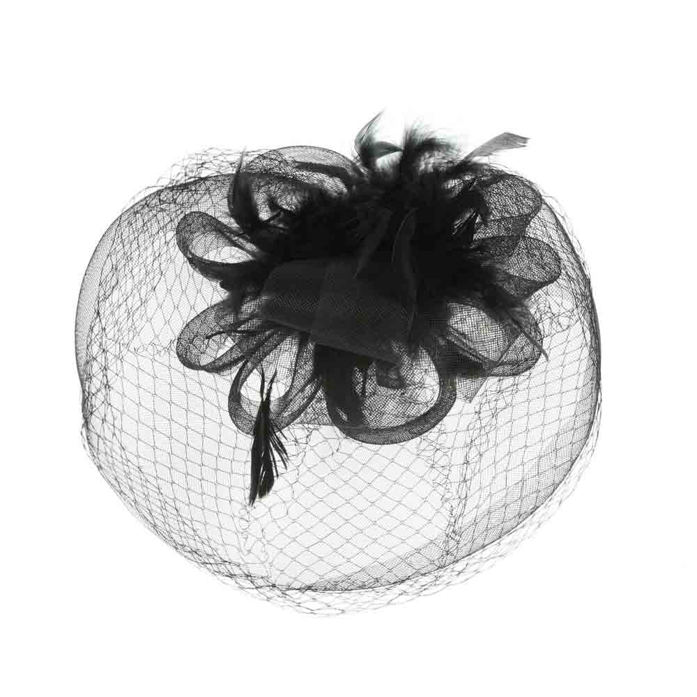 Mesh Veil Fascinator with Netting and Feather - Something Special Fascinator Something Special LA HTH2296bk Black  