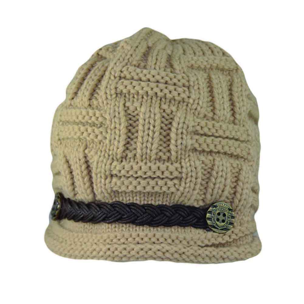 Knit Beanie with Braided Band and Button Accent - Jeanne Simmons Beanie Jeanne Simmons JS7963 Tan M/L 