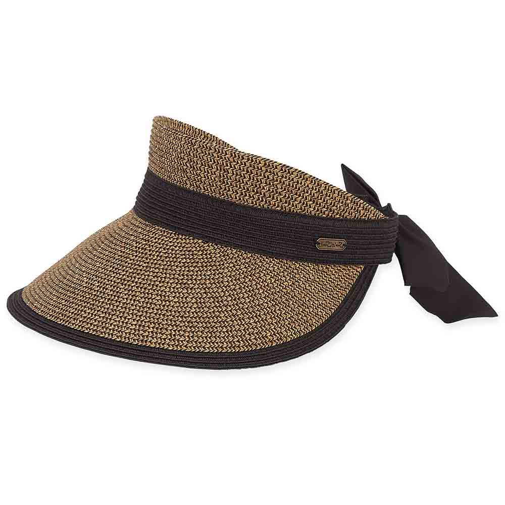 Large Straw Visor Hat with Long Bow - Sun 'N' Sand Hats Visor Cap Sun N Sand Hats HH2613C Black Tweed  