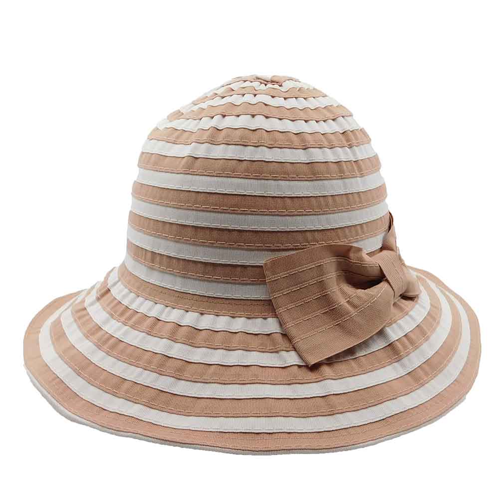 Packable Striped Ribbon Hat with Large Bow - Bohemian Fashion Cloche Bohemian Fashion LH6388pk Natural / Pink  