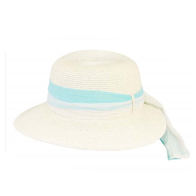 Petite Asymmetrical Brim Hat with Chiffon Scarf - Fun Day Sun Hat Wide Brim Hat Boardwalk Style Hats DA2946BL Blue Small (55 cm) 