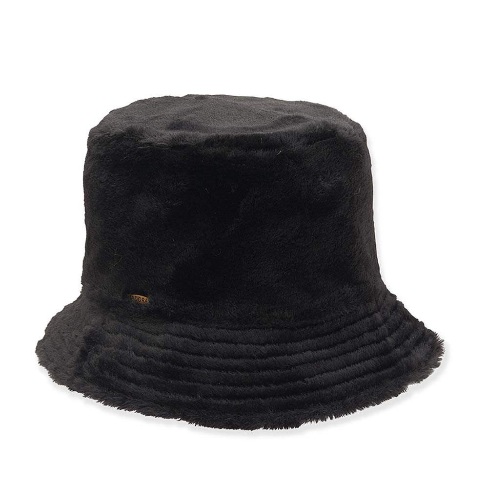 Reversible Faux Fur Bucket Hat with Jacquard Jersey Lining - Adora® Hats Bucket Hat Adora Hats AD1245A Black  