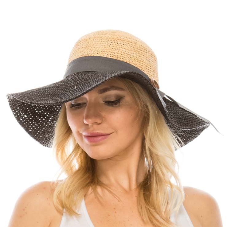 Black and Natural Two Tone Crocheted Raffia Sun Hat - Boardwalk Style Wide Brim Sun Hat Boardwalk Style Hats    