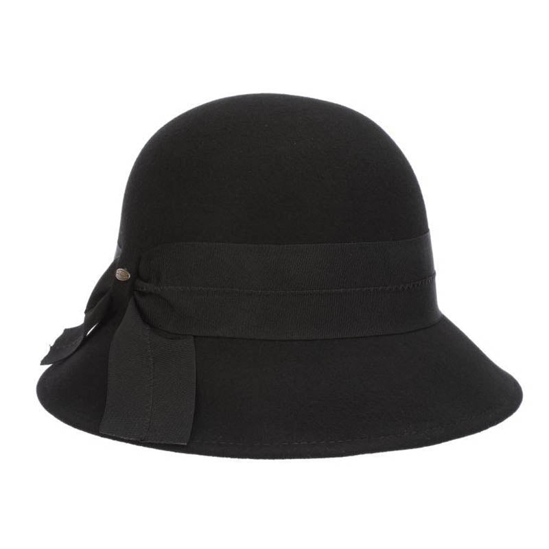 Wool Felt Cloche with Wide Ribbon Band - Scala Hat Cloche Scala Hats LF261 Black  