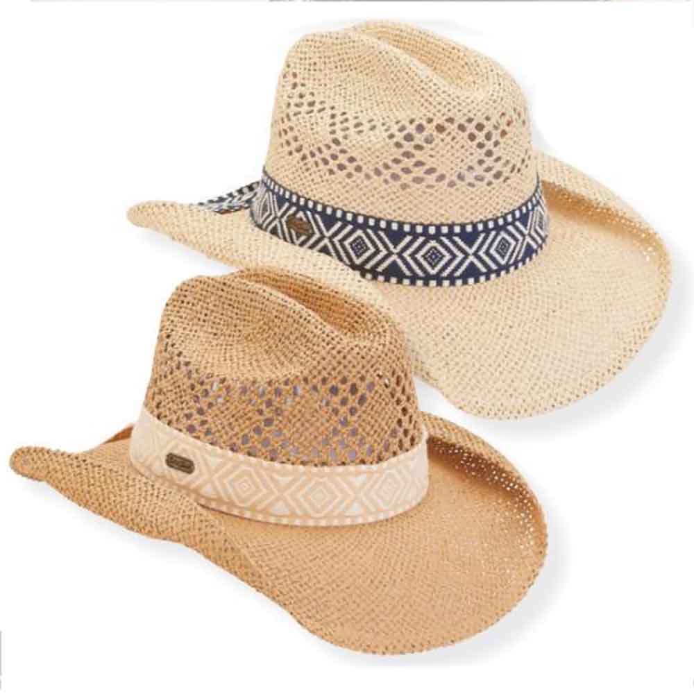 Woven Toyo Cowboy Hat with Tribal Pattern Band  - Sun 'N' Sand Hats Cowboy Hat Sun N Sand Hats    