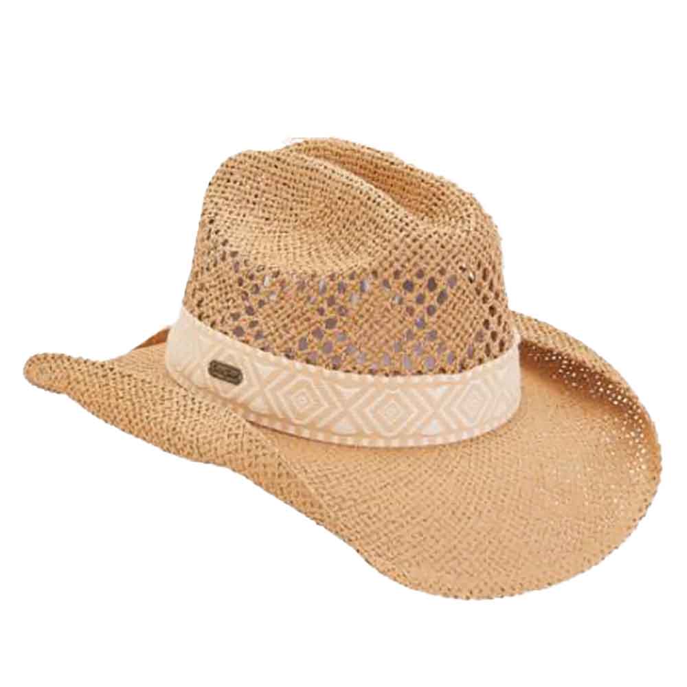 Woven Toyo Cowboy Hat with Tribal Pattern Band  - Sun 'N' Sand Hats Cowboy Hat Sun N Sand Hats HH2750B Tan M/L (58 cm) 