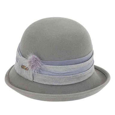 Up Turned Brim Cloche Hat with Pom Pom by Adora®-Grey Cloche Adora Hats ad832gy Grey M/L (58.5 cm) 