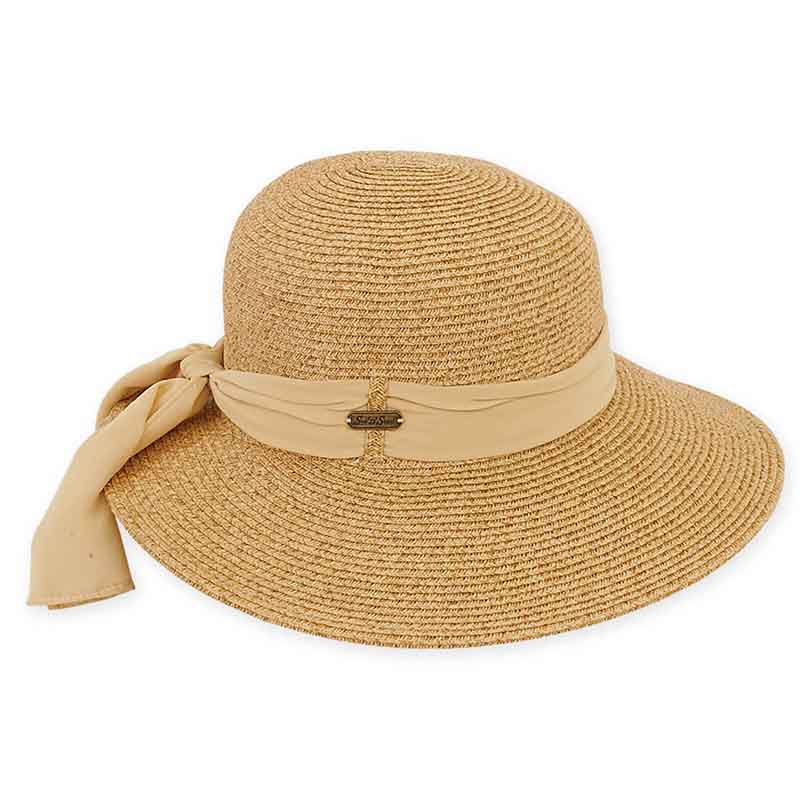 Asymmetrical Brim Sun Hat with Chiffon Sash - Sun 'N' Sand Hat Wide Brim Hat Sun N Sand Hats HH1797B Tan Tweed Medium (57 cm) 