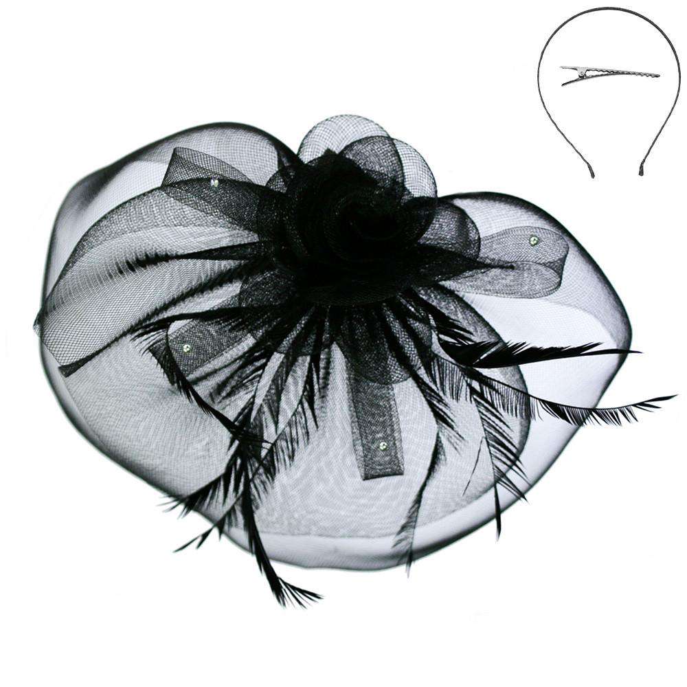 Large Mesh Flower and Feather Fascinator, Fascinator - SetarTrading Hats