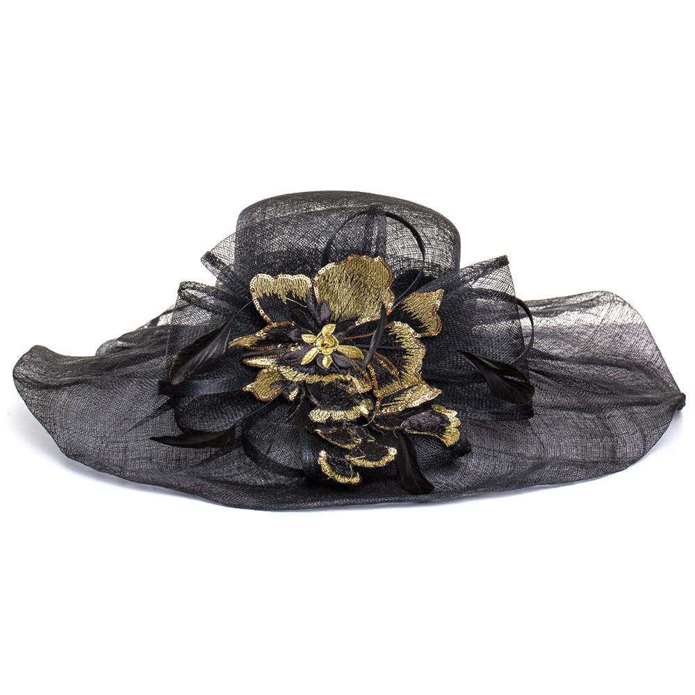 Sinamay Derby Hat with Embroidered Applique Dress Hat Something Special LA HTS1225BK Black