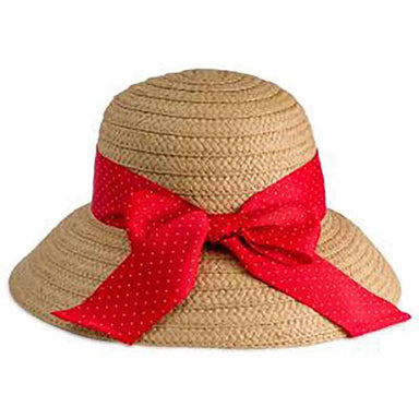 Red Polka Dot Ribbon Bow Summer Bucket Hat - Jones New York Cloche MAGID Hats JNY164RD Toast/Red  