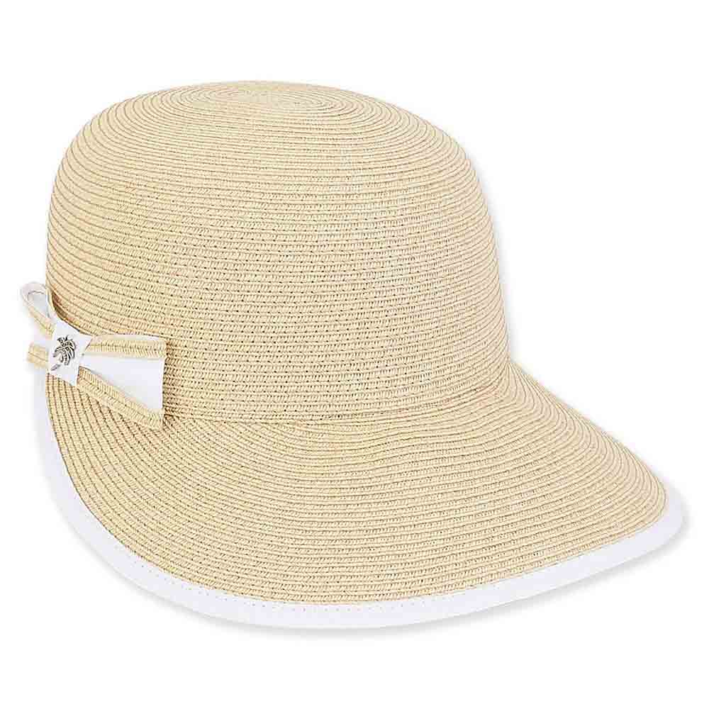 Ribbon Trimmed Wide Brim Cap with Palm Pin - Jeanne Simmons Hats Facesaver Hat Jeanne Simmons JS8203WE White M/L (57-58 cm) 
