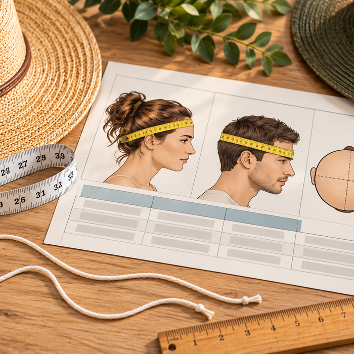 A size guide printout for a hat showing head measurements and diagrams, styled on a wooden table with a straw hat, a wooden ruler, a measuring tape, and another hat.