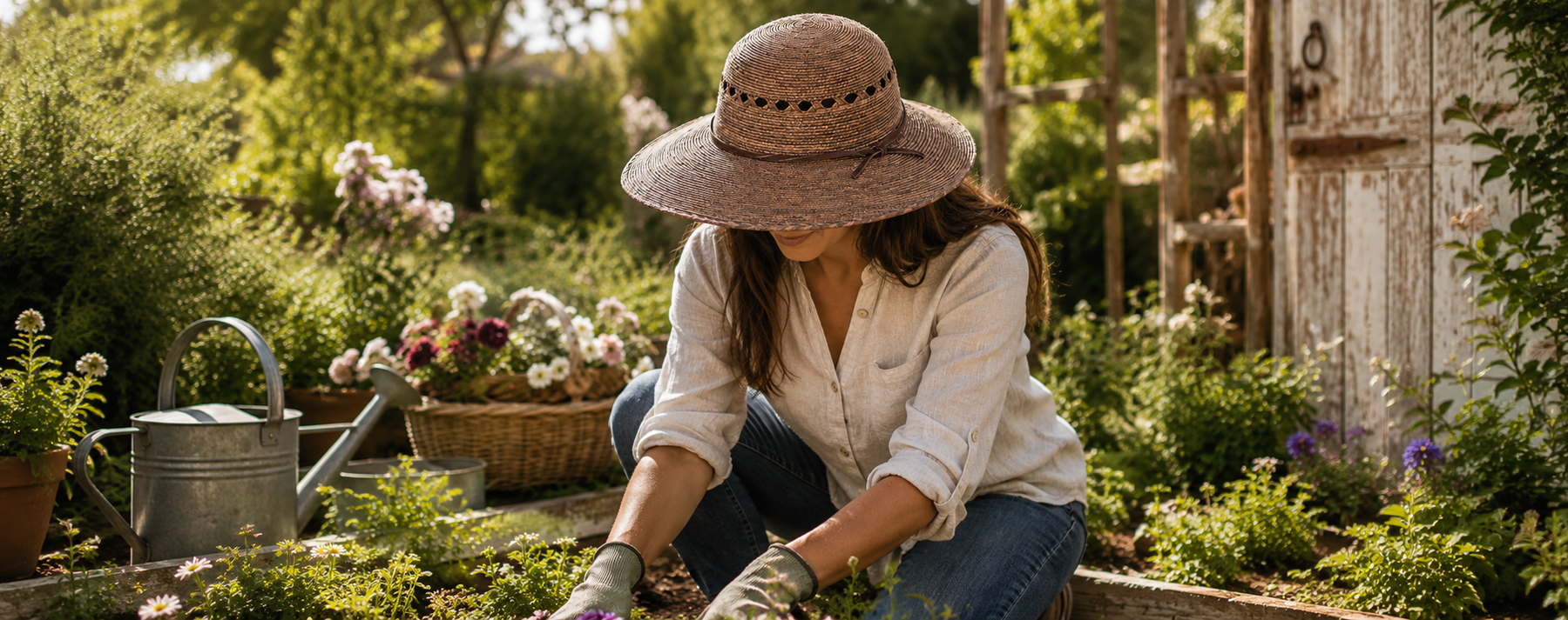 Woman is planting in a rustic garden and wears a Tula gardening hat