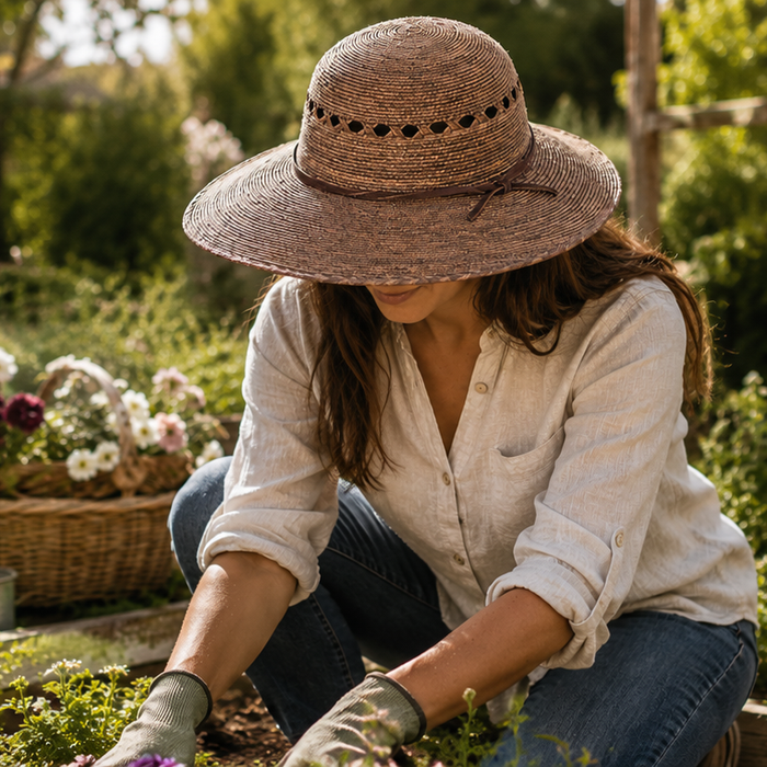 Woman is planting in a rustic garden and wears a Tula gardening hat