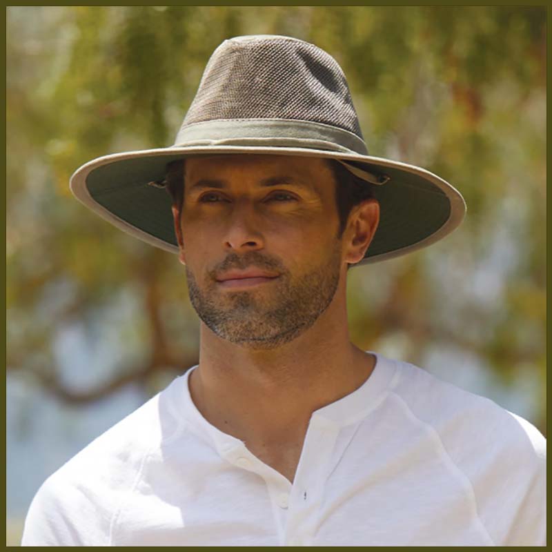 Breezer hats with mesh crown for comfortable breezy sun protection. Stylish safari and outback style breezer hats. Insect repellent hats, evaporative cooling breezer hats. Mes wearing DPC breezer hat