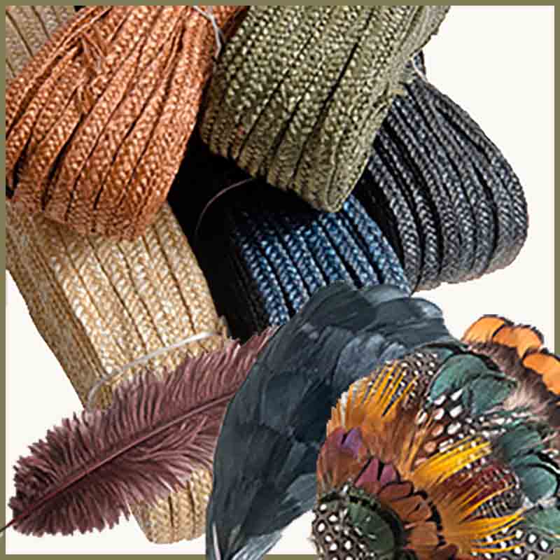Hat making materials, natural and synthetic straw, cotton, wool, shop hats by materials