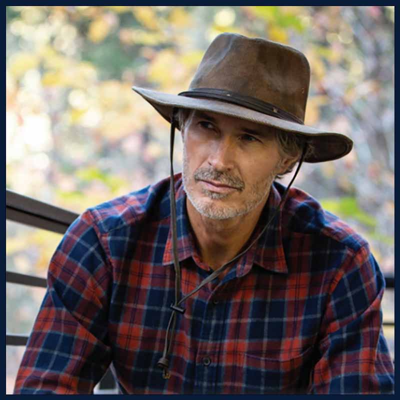 Weathered cotton, twill and canvas becomes water resistant. Hats made of weathered cotton create a rugged look similar to an well worn leather hat.