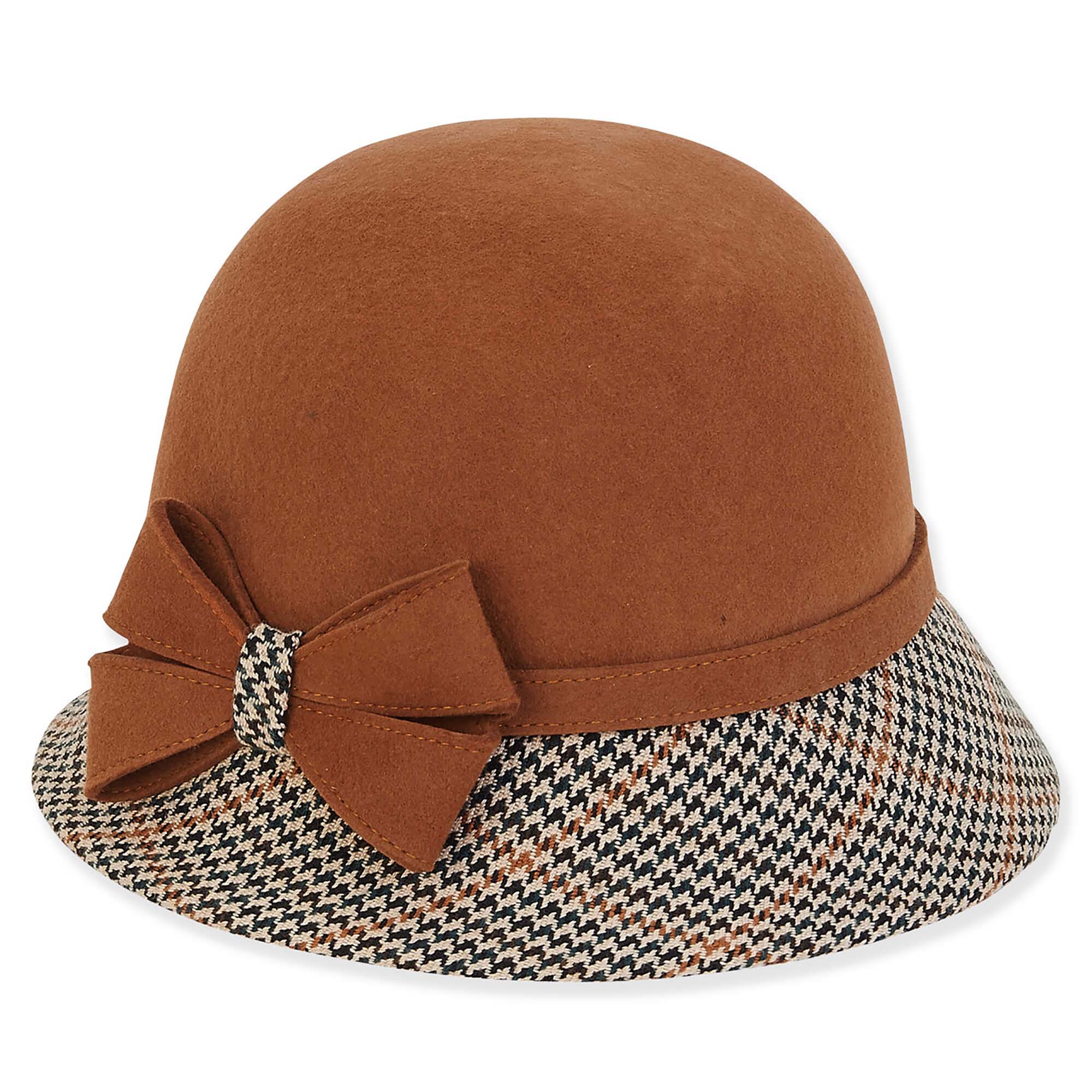 Adora® Wool Hat - Wool Felt Cloche with Houndstooth Brim Cloche Adora Hats AD1422A Brown OS 