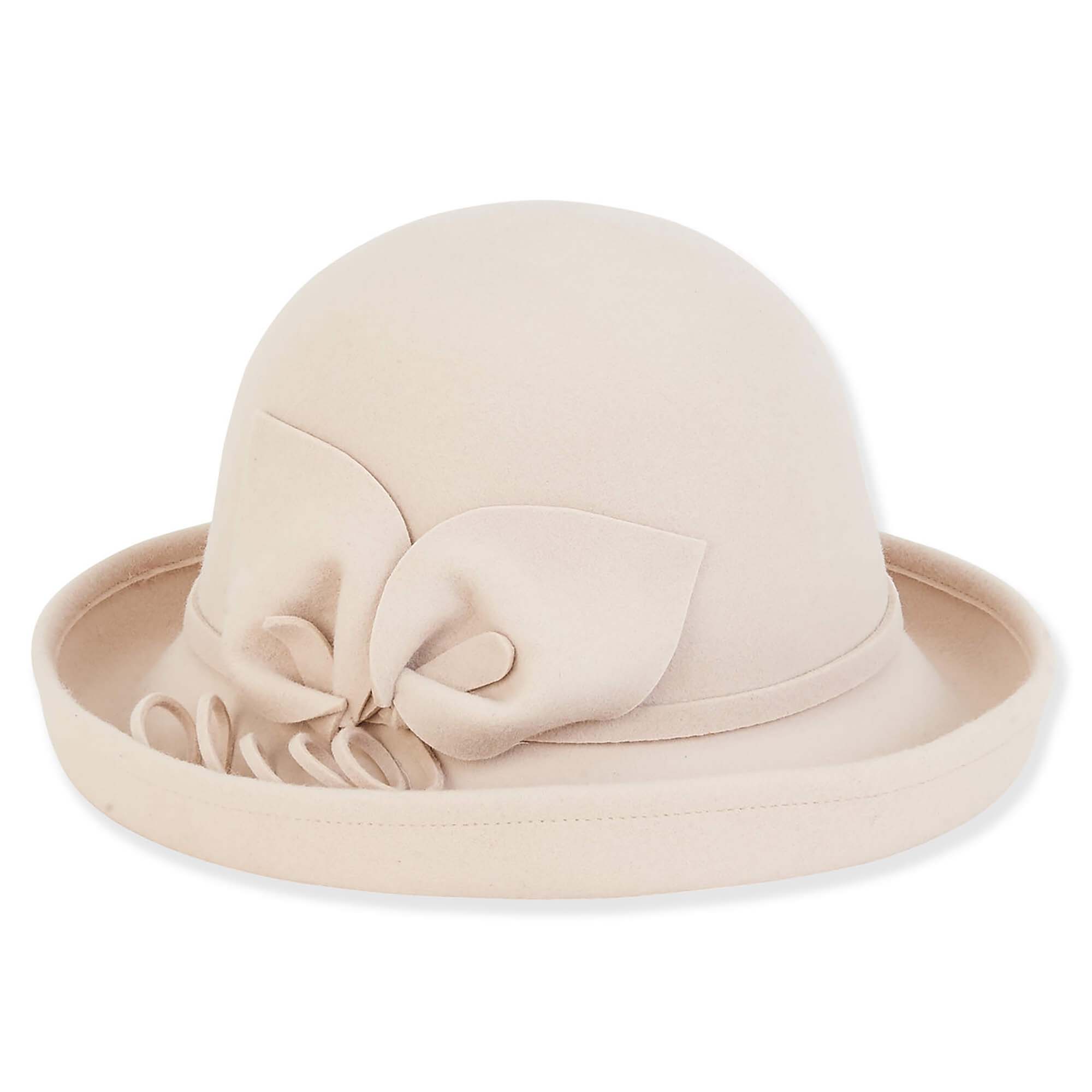 Adora® Wool Hat - Wool Felt Up Brim Hat with Floral Trim Cloche Adora Hats AD1418A Beige OS 